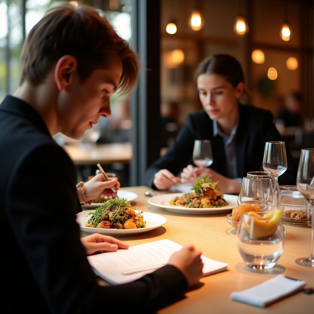 Food critics evaluating dishes in a restaurant